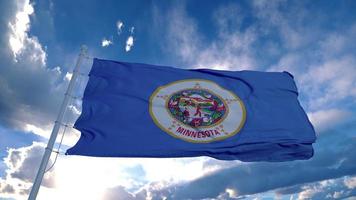 Minnesota flag on a flagpole waving in the wind, blue sky background. 3d rendering photo