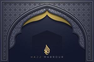 Hajj Mabrour greeting islamic floral pattern background vector design with shiny gold arabic calligraphy.  Translation of text Hajj pilgrimage May Allah accept your Hajj and grant you forgiveness