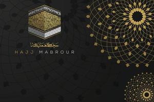 Hajj Mabrour greeting islamic floral pattern background vector design with shiny gold arabic calligraphy.  Translation of text Hajj pilgrimage May Allah accept your Hajj and grant you forgiveness