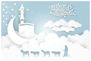 eid adha mubarak hermosa caligrafía árabe saludo islámico con patrón de marruecos, mezquita y media luna para fondo, pancarta y tarjeta de felicitación. traducción del texto bendito festival vector