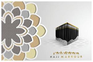 Hajj Mabrour greeting islamic floral pattern background vector design with shiny gold arabic calligraphy.  Translation of text Hajj pilgrimage May Allah accept your Hajj and grant you forgiveness