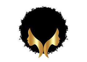 gold logo round design African american woman face profile with black curly afro hair. Golden Women profile hairstyle silhouette on the white background. Vector illustration isolated