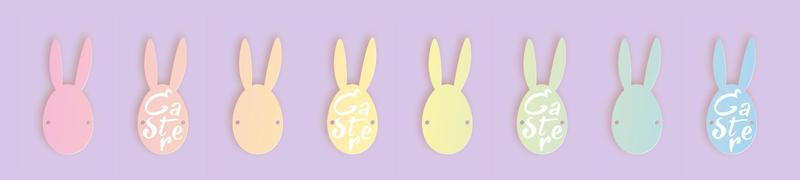 Bunny ears for Easter party, set collection of colorful egg tags, stickers Easter day celebration, paper cut style, vector illustration isolated on pastel color background