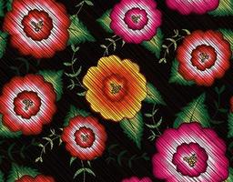 Seamless Mexican floral embroidery pattern, colorful native flowers folk fashion design. Embroidered Traditional Textile Style of Mexico, vector isolated on black background