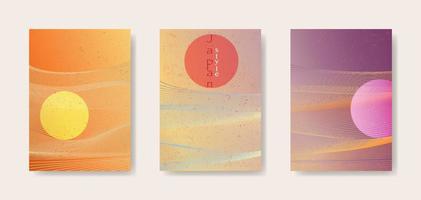 Japanese background set cards with line wave pattern vector illustration. Colorful gradient Abstract template with geometric pattern. Mountain layout design in oriental style, vertical brochure flyer