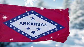 Arkansas winter snowflakes flag background. United States of America. 3d illustration photo