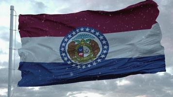 Missouri winter flag with snowflakes background. United States of America. 3d rendering photo