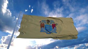 New Jersey flag on a flagpole waving in the wind, blue sky background. 3d rendering photo