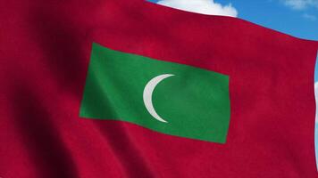 Republic of Maldives flag on a flagpole waving in the wind, blue sky background. 3d rendering photo