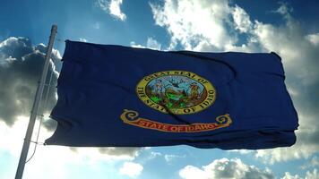 Idaho flag on a flagpole waving in the wind in the sky. 3d rendering photo