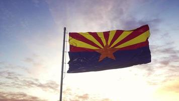State flag of Arizona waving in the wind. Dramatic sky background. 3d illustration photo