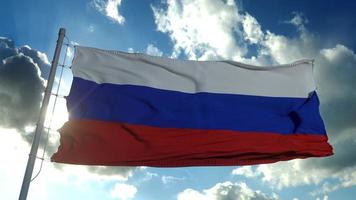 The national flag of Russia is flying in the wind against a blue sky. 3d rendering photo