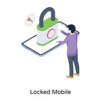 A trendy isometric vector of locked mobile, app protection