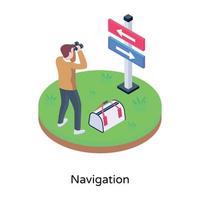 Person finding direction, isometric icon of direction board vector