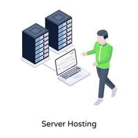 Database connected with laptop, isometric icon of server hosting vector