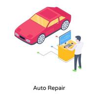 Person monitoring car, an isometric icon of auto repair