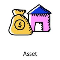 Home with money bag denoting doodle icon of asset vector