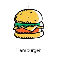 Hamburger in doodle style icon, fast food vector