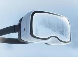 Virtual reality headset, double exposure. Mysterious winter landscape majestic mountains in the . photo