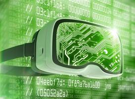 Virtual reality glasses, futuristic hacker, internet technology and network concept photo