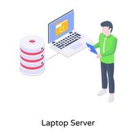 Database connected with device, isometric icon of laptop server vector