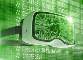 Virtual reality glasses, futuristic hacker, internet technology and network concept photo