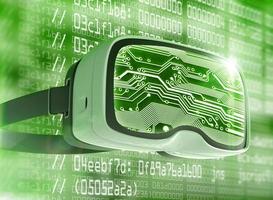 Virtual reality glasses, futuristic hacker, internet technology and network concept photo