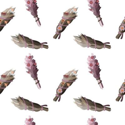 Seamless pattern with herbal smudge sticks and flowers