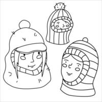 Girl in balaclava trendy knitted hat black and white line art vector design