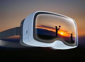 Virtual reality headset, double exposure, silhouette people on sunset