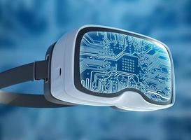 Virtual reality glasses, futuristic hacker, internet technology and network concept photo