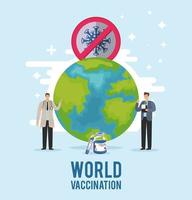 world vaccination lettering with doctors vector