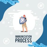 vaccination process lettering with woman vector