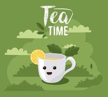 letras de la hora del té con taza kawaii vector