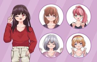 chicas anime cinco personajes vector