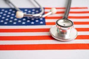 Black stethoscope on USA America flag background, Business and finance concept.