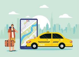 tourist man and taxi app vector