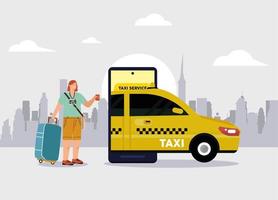 mujer con taxi en smartphone vector