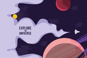 explore universe lettering with spaceship vector