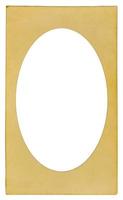 Old cardboard photo frame with ellipse vignette and empty space inside isolated on white background. Mock up