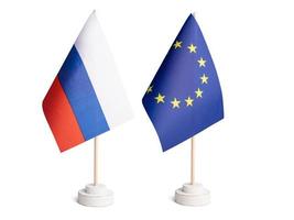 European Union and Russia table flag side by side isolated on white background