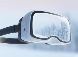 casco de realidad virtual, doble exposición. misterioso paisaje invernal majestuosas montañas en el. foto