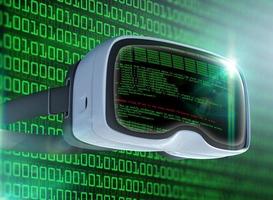 Virtual reality glasses, futuristic hacker, internet technology and network concept photo