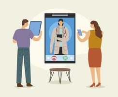 patients and doctors in cellphone vector