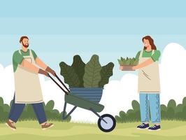 pareja jardineros trabajadores personajes vector