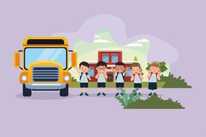 students in bus stop vector