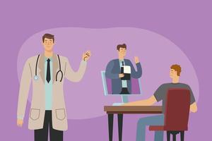 patients and doctor in desktop vector