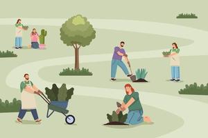 six gardeners working characters vector