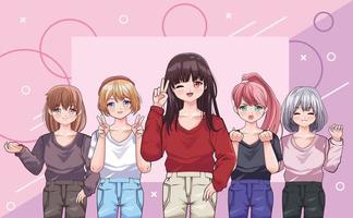 group of girls anime style vector