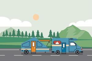 blue camper in road vector